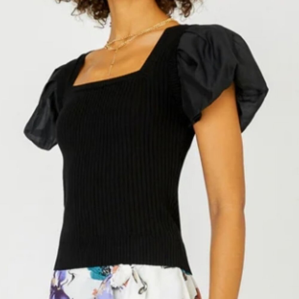 Current Air Black Contrast Puff Sleeve Sweater Top